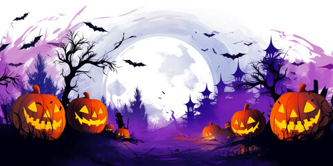 Old Wooden Haunted house with pumpkins in spooky dark forest. Full moon. Halloween concept