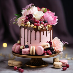 Tall pink cake decorated with macaroons, raspberries and chocolate balls on golden cake stand over white background with flowers and berries. Side view, copy space, made by ai