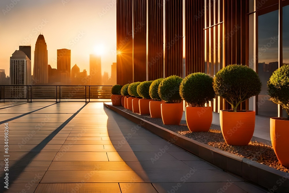 Poster the building's side holds a row of potted plants, bathed in an evening glow with a hint of orange - 