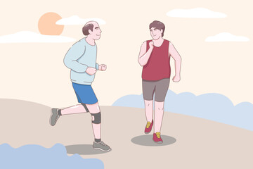Obraz premium Senior age couple running, elderly man and woman jogging, people character vector illustration