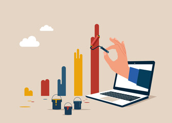 Computer holding paint roller and painting a graph of growth in indicators with paint. Financial and economic growth. Vector illustration in flat style.
