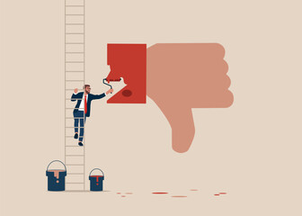Businessman climb up ladder to paint a thumb down. Demotivation from failure, mistake or negative feedback, no passion. Vector illustration