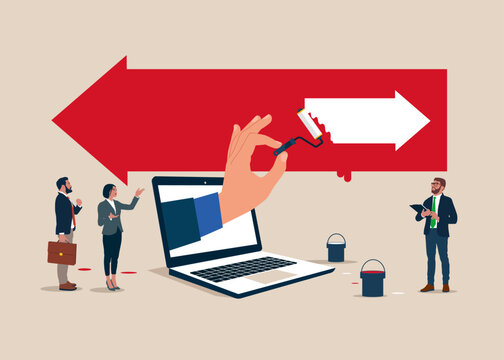 Business people at work with a roller painting a white arrow change to opposite direction. Decision to change to better opportunity. Vector illustration