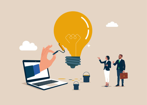 Business people paints idea light bulb. Flat vector illustration