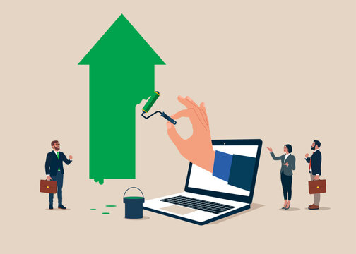 Business people holding paint roller and painting green arrow up. Business profit growth, career advancement. Vector illustration