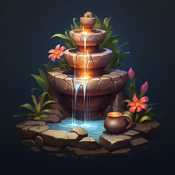 Water fountain illustration on a stone wall. Illustration of an Egyptian water fountain. Stone and gold water fountain. Water fountain game asset.