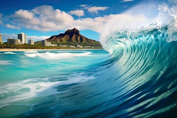 Sun, Sand and Surf: A Breathtaking View of Waikiki Beach, Diamond Head and the Pacific Ocean in Hawaii. Generative AI