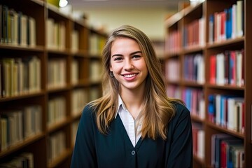 Uni Student Woman in Library with Books for Education and Knowledge. Happy Female from Brazil Standing by Bookshelf for Learning and Literature Research: Generative AI