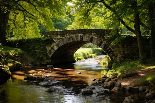 Old Stone Bridge over Serene River in the Lush Green Landscape of a Picturesque Park. Generative AI © AIGen