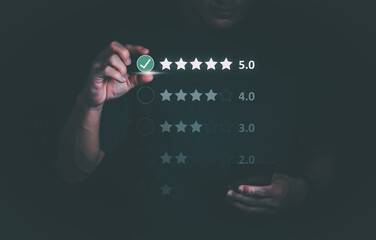 Customer services best excellent business rating experience. Satisfaction survey concept. user gives ratings to service experience on the online application, online marketing, and business processes.