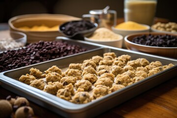baking tray with raw cookie dough ready for oven