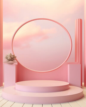 Pink Studio Background With Podium. Scene With Platform And Stage For Cosmetic And Jewelry Product. Pastel Colored Render 3D Banner