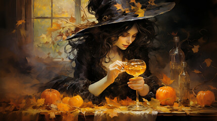Enchanting Halloween Witch Sipping Potion in the Moonlight