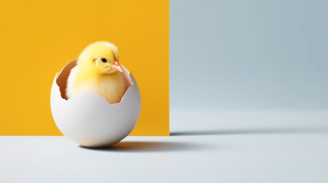 small yellow chicken in a shell on a yellow background. postcard with copy space, easter concept. 