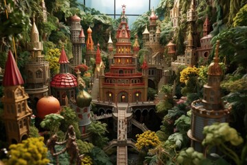 top view of toy castle surrounded by toy trees