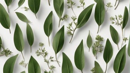 Eucalyptus leaves pattern on white background. Flat lay, top view