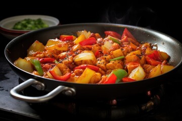 wok with bubbling sweet and sour sauce and pineapple