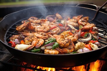 grilling seafood in a wok on an outdoor grill