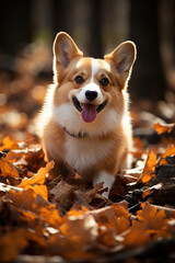 Happy dog of welsh corgi pembroke breed on a walk in an autumn forest