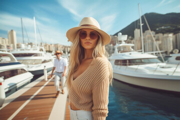 a young woman on the pier against the background of yachts dressed in casual stylish clothes and a...