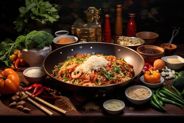 wok with fried rice and various ingredients nearby