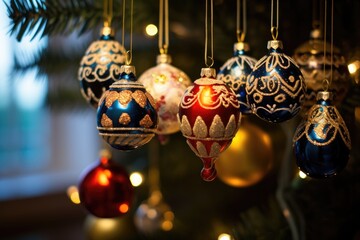 close-up of ornaments hanging on a christmas tree