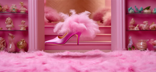elegant women's shoes with fur on a fluffy pale pink carpet in a pink dressing room interior against the background of shoe cabinets. doll style - obrazy, fototapety, plakaty