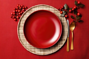 table setting on a festive New Year's table in red colors. flat lay. 