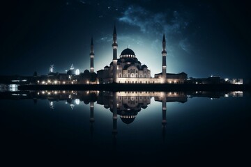 Fototapeta na wymiar Mosque in crescent moon night reflected in water. Islamic concept. Generative AI