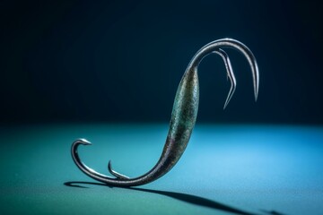 Close-up of fishing hook on blue background. Generative AI