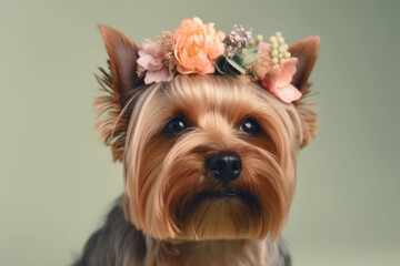 Yorkshire Terrier dog with flower crown on head on pastel background