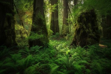 Lush verdant growth in abandoned sequoia woodland. Generative AI