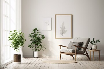 White-walled interior with wooden floor, comfy armchair, plant in vase & poster frame. Generative AI