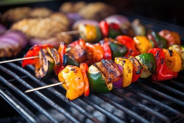 close-up of grilling vegetables on skewers