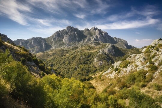 Photograph of mountainous landscape in Pyrénées-Orientales department located in southern France. Generative AI