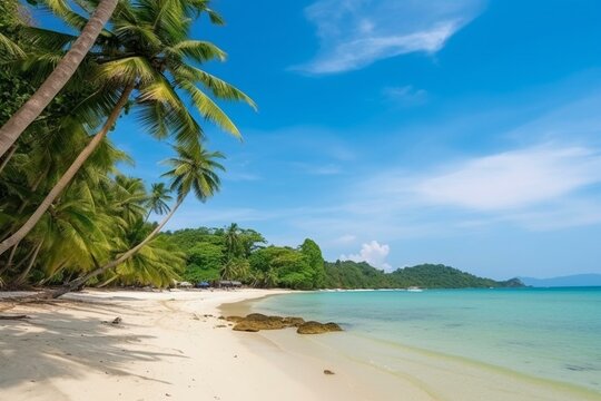 A stunning tropical beach with white sand and coconut trees on Samui Island, surrounded by azure blue sky and lush green foliage. Generative AI