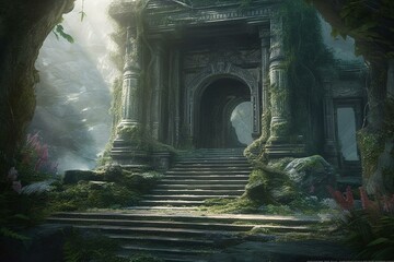 A stunning fantasy scene featuring a covered portal archway. Generative AI