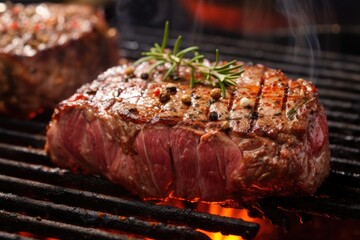close-up of juicy steak on hot grill