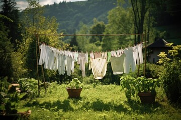 eco-friendly drying: clothes on line in a green garden