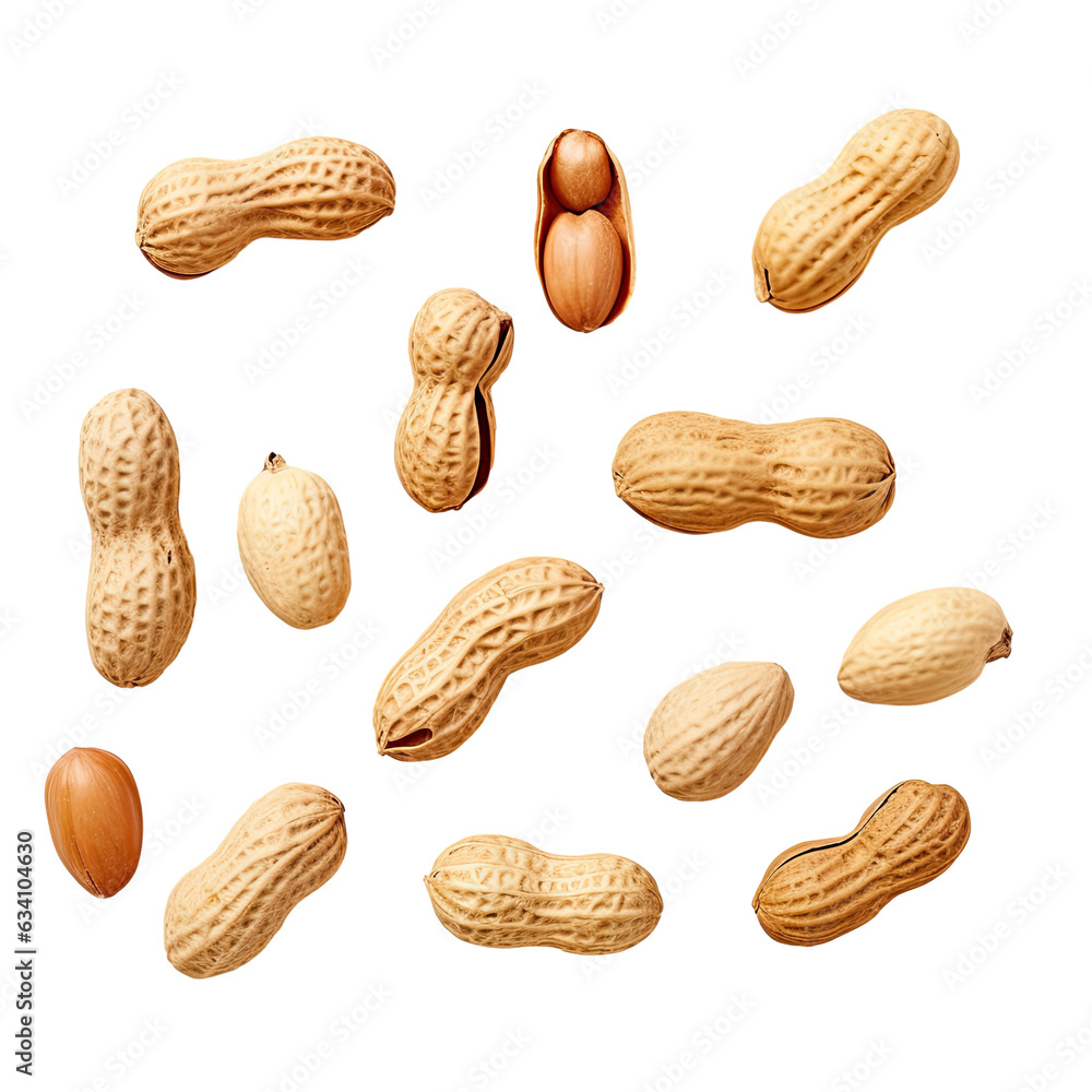 Poster arrangement of peanuts on a transparent background from above with space for text