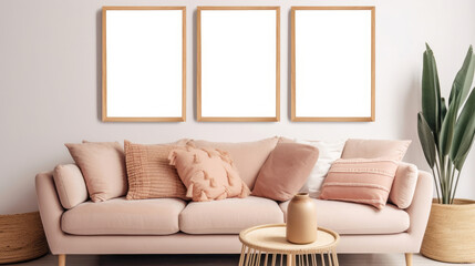 Mockup of three empty vertical picture frames in a modern living room