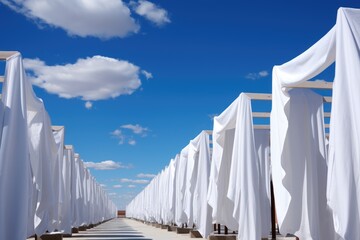 rows of white linens contrasting blue sky