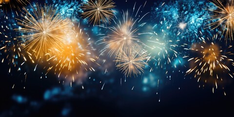 Fototapeta premium Abstract background new year, cheering crowd and blue and gold fireworks and celebrating holiday, copy space, generative ai