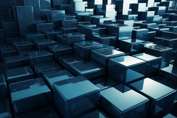 Sleek, polished cubes form a cutting-edge tech backdrop. Digitally rendered in 3D. Generative AI
