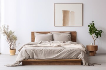 minimalist bed with neutral-colored bedding