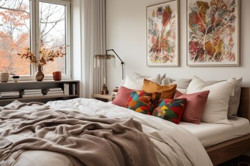 bed with decorative cushions and throw blanket
