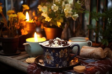 hot chocolate in a vintage enamel mug