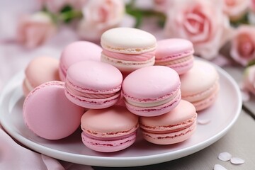 Obraz premium Photo of a delicious plate of pink macaroons on a table created with Generative AI technology