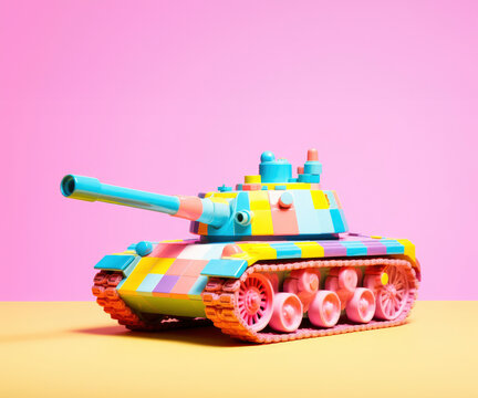 Toy tank made of colorful building bricks. War games conceptual background. AI generated image