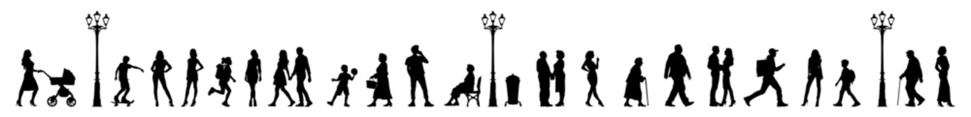 Vector illustration. Silhouettes of men and women of different ages. Big set of people.